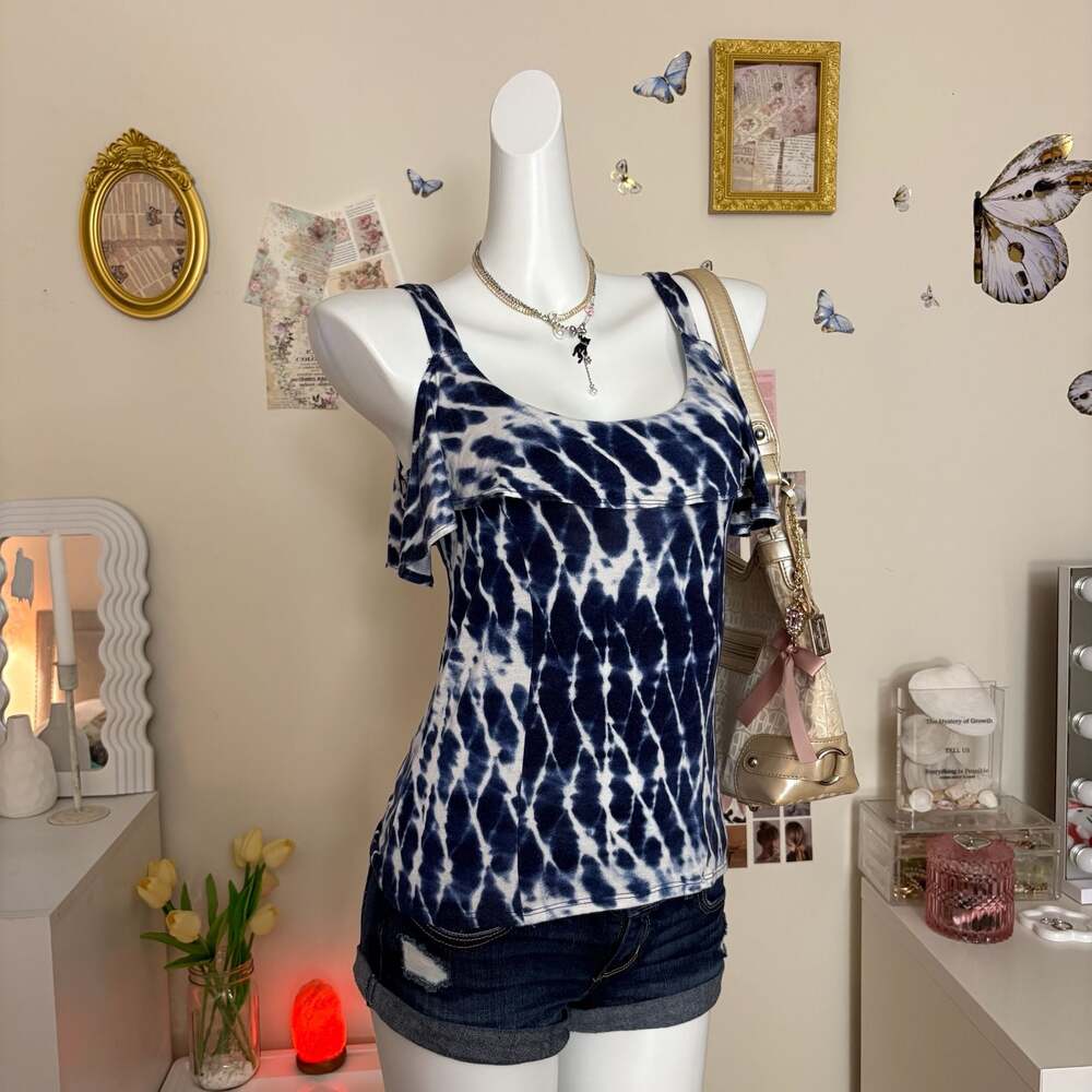 Cloud Chaser Blue White Tie Dye Cold Shoulder Ruffle Tank Top Y2K Boho Hippie Ca